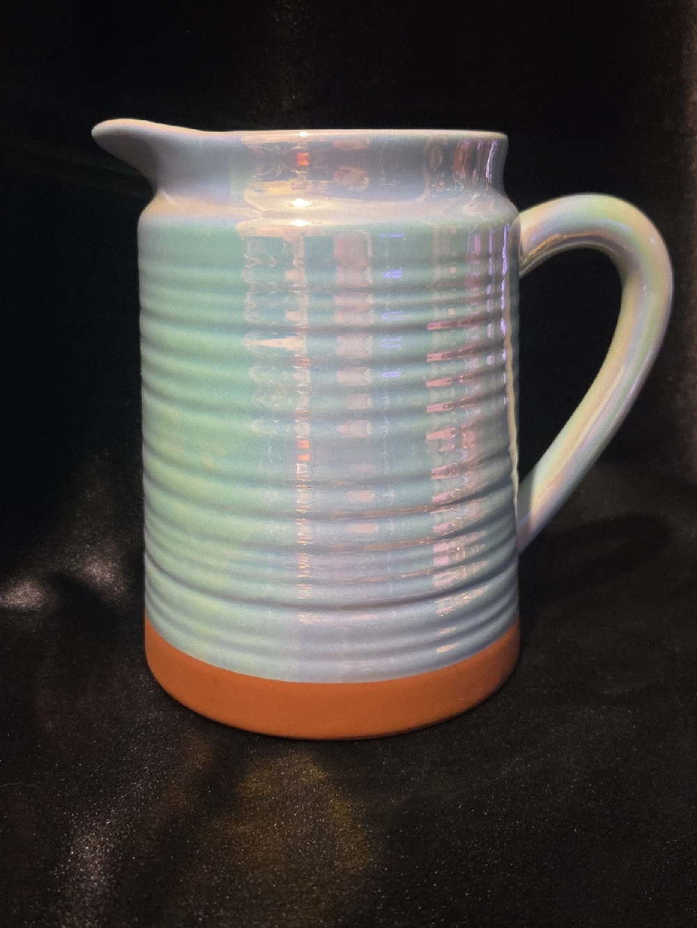 Teleflora Ceramic Iridescent Pastel Blue Pitcher with Terracotta Base